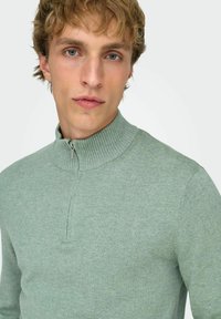 Lichtgroene pullover met rits en opstaande kraag, gemaakt van zacht gebreid materiaal, voorzien van een geribbelde kraag en een aangesloten pasvorm.