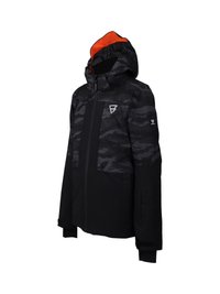 Schwarz und dunkelgrau getarnte Winterjacke mit Kapuze, orangefarbenem Futter, Vorderreißverschluss und Logo auf der Brust und dem Ärmeln.
