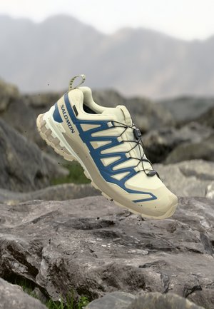 Hellbeiger und blauer Salomon Trailrunning-Schuh in der Luft über felsigem Gelände mit Bergkulisse.