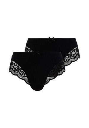Bragas de algodón negras con encaje y bordes con forma de ola, con un lazo decorativo en la parte delantera. Conjunto de dos piezas mostrado.