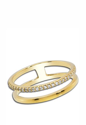 Gold ring set featuring two bands: one smooth and wider, the other narrower with a row of small, clear stones along the surface.