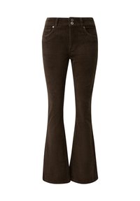 Braune Baumwollcord-Hosen mit weit ausgestelltem Bein und strukturierter Oberfläche, ausgestattet mit einem klassischen Bund, zwei vorderen Taschen und zwei Knopfverschlüssen.
