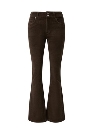 Bruine corduroy wijde broek met een gestructureerde afwerking, voorzien van een klassieke tailleband, twee voorkanten zakken en twee knoopsluitingen.