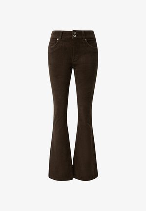 Braune Baumwollcord-Hosen mit weit ausgestelltem Bein und strukturierter Oberfläche, ausgestattet mit einem klassischen Bund, zwei vorderen Taschen und zwei Knopfverschlüssen.