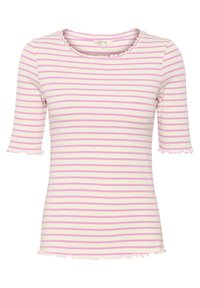 Stripet T-shirt i creme og pink, med ribbet tekstur, en bølget halsudskæring og korte ærmer med rynkede kanter.