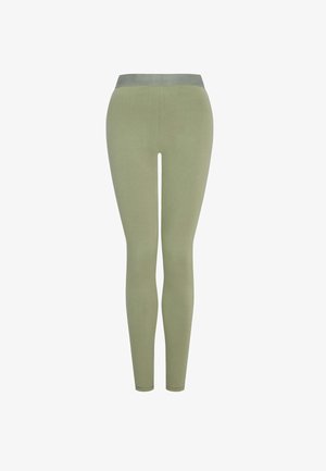 Olivgrüne Leggings aus einem weichen, dehnbaren Material mit einem kontrastierenden, glatten grauen Bund. Figurbetonter Schnitt und keine sichtbaren Nähte.