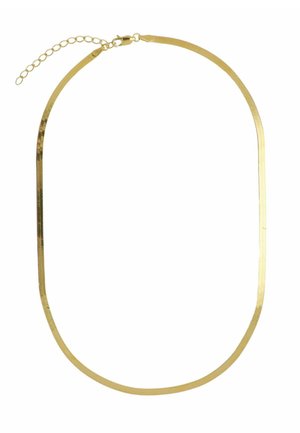 Colier din metal auriu, cu o formă ovală plată, finisaj neted și lustruit, prevăzut cu un lanț ajustabil pentru personalizarea lungimii.