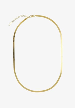 Collar de metal tono dorado con forma ovalada plana, acabado liso y pulido, y cadena ajustable para personalizar la longitud.