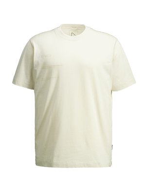 Camiseta de algodón color crema con mangas cortas. Presenta texto en relieve en la parte frontal. Cuello redondo clásico y dobladillo recto.