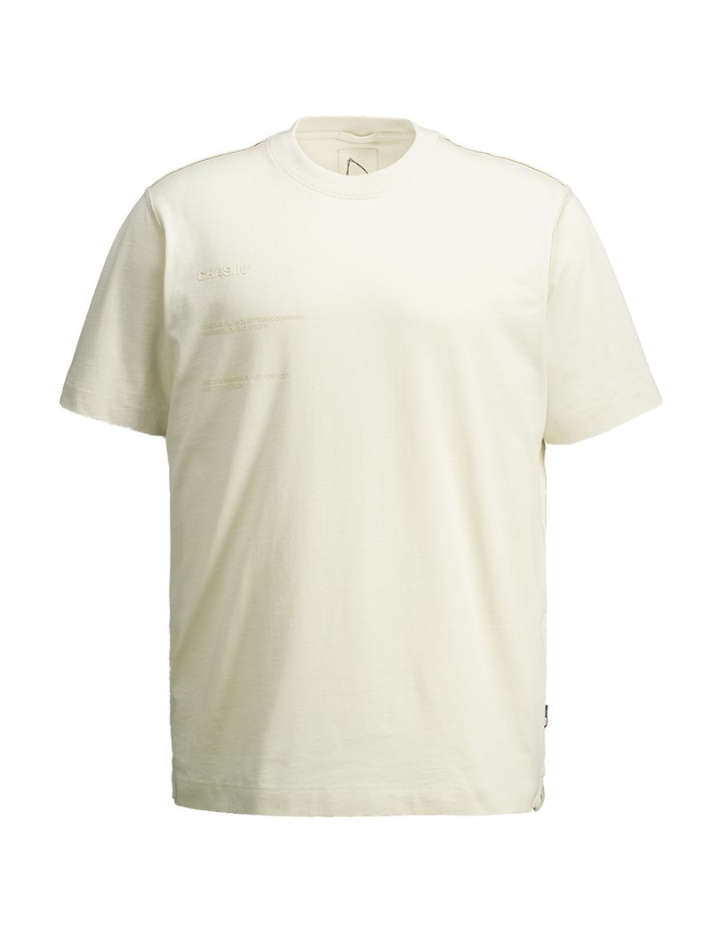 Tricou din bumbac de culoare crem, cu mâneci scurte. Are text în relief pe partea din față. Gât clasic rotund și tiv drept.