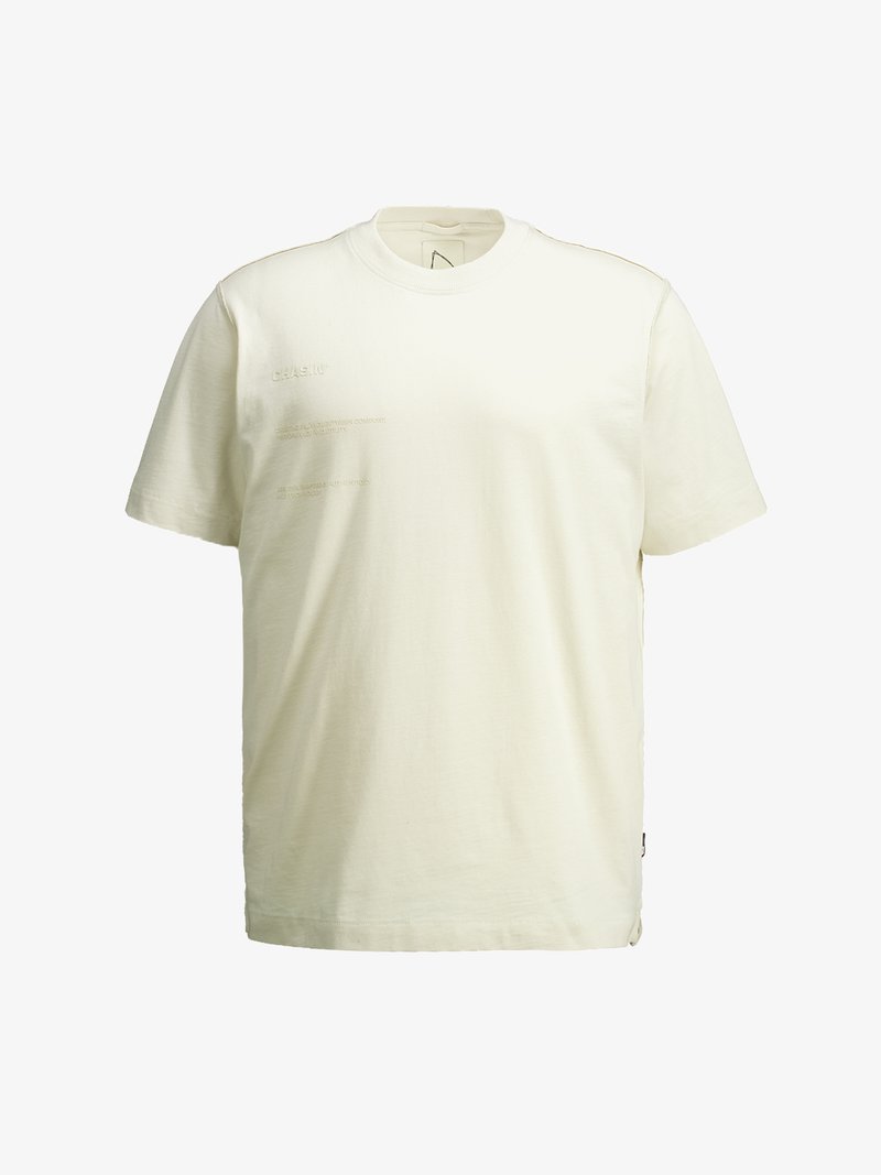 Tricou din bumbac de culoare crem, cu mâneci scurte. Are text în relief pe partea din față. Gât clasic rotund și tiv drept.