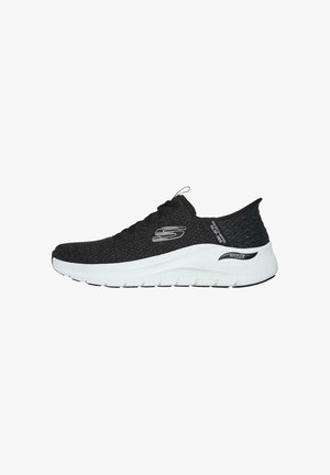 Zapatilla deportiva negra con parte superior de tejido texturizado, diseño elástico y entresuela blanca que presenta la marca ArchFit para soporte y comodidad.