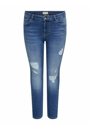 Pantalones vaqueros ajustados de mezclilla azul con parches desgastados en muslos y rodillas, cierre de botón y cremallera, y diseño de cinco bolsillos.