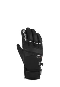 Black gloves with a textured finish and padded areas. Features a Velcro strap for adjustment and "Reusch" branding. Softshell material.