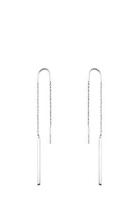 Orecchini pendenti in argento con un design minimalista, caratterizzati da catene sottili e barre rettangolari. Finitura metallica liscia, forma elegante.