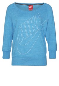 Blå långärmad sweatshirt med rundad hals, med en stor vit Nike-logotypdesign på framsidan och ribbade manschetter.