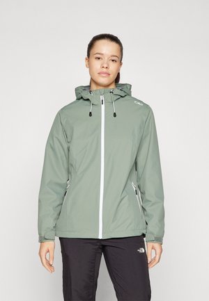 Ljusgrön vattentät jacka med huva, främre dragkedja och justerbara snoddar. Har sidofickor och elastiska ärmslut för en välsittande look.