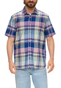 Camicia a maniche corte a quadri con colori blu, verde, rosa e viola, con bottoni, colletto classico e vestibilità comoda.
