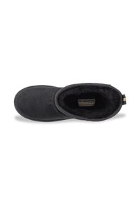 Stivaletti neri in suede con un morbido interno foderato in pelliccia e un esterno texture. Presentano una suola resistente e un tacco ad anello per un facile indossamento.