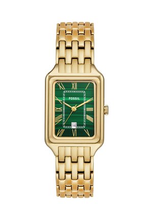 Montre bracelet en métal doré avec cadran rectangulaire vert, chiffres romains, trois aiguilles, affichage de la date et logo Fossil.