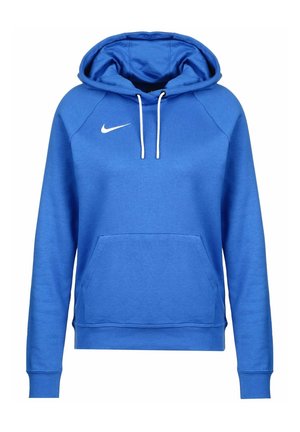 Blauer Nike Hoodie mit weißen Kordeln, Fronttasche und weißem Nike-Logo auf der linken Brustseite.