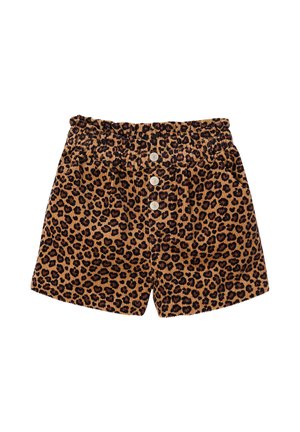 High-waisted brown corduroy shorts with black leopard print, elastic waistband, and three white buttons down the front.