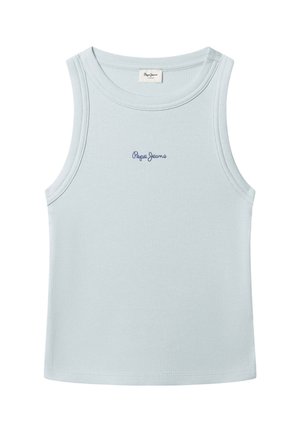 Camiseta sin mangas azul claro hecha de tela de canalé. Presenta un escote redondo y un logo bordado de "Pepe Jeans" en azul oscuro. Sin detalles adicionales.