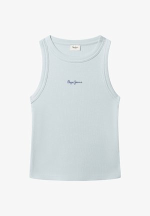 Hellblaues Tanktop aus geripptem Stoff. Verfügt über einen runden Ausschnitt und das in Dunkelblau gestickte "Pepe Jeans"-Logo. Keine weiteren Details.