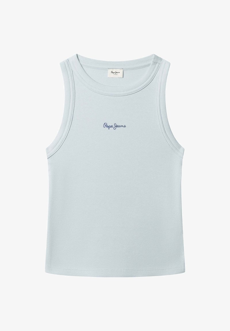 Svetlomodrý tielkový top z rebrovanej látky. Má okrúhly výstrih a vyšívané logo "Pepe Jeans" v tmavomodrej farbe. Žiadne ďalšie detaily.