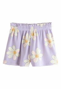 Shorts violet clair avec une taille élastique, décorés de grandes impressions de fleurs de marguerite blanches et jaunes.