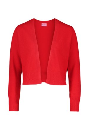 Cardigan rouge court avec des manches longues, une ouverture sur le devant et des accents côtelés aux poignets et à l'ourlet. Confectionné en tissu tricot doux.