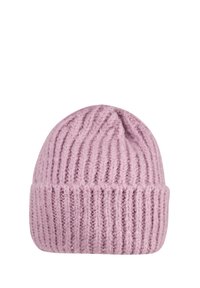 Pink knitted beanie with a ribbed texture, featuring a folded cuff and a soft, warm appearance.