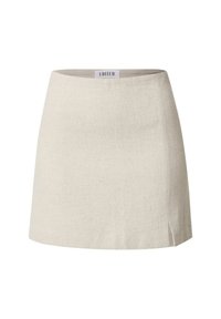 Ivoor mini-jurk van textuurstof, met een rechte snit, subtiele zijsplit en een label dat "EDITED" op de taille draagt.