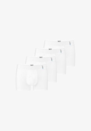 Witte katoenen boxershorts getoond in een verpakking van vijf stuks. Voorzien van een voorsluiting, elastische tailleband en gestikte details.