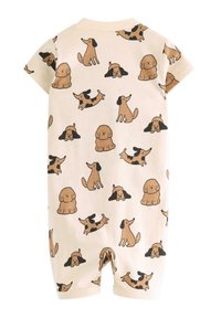 Short-sleeve romper in cream fabric featuring a variety of cartoon-style dog prints in brown and black, with short legs and a soft texture.