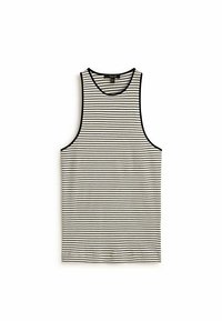 Stripet ærmeløs tanktop i sort og hvid, lavet af ribbet stof, med en rund halsudskæring og sort kant rundt om kanterne.