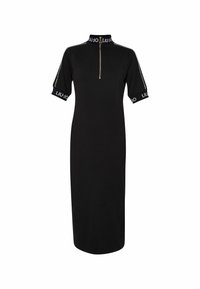 Robe noire mi-longue avec manches courtes, fermeture éclair à l'avant, col et poignets côtelés de marque.