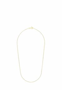 Collana in metallo color oro con una catena sottile e delicata e un gancio a mosca. Presenta una texture liscia e lucida e un design semplice.