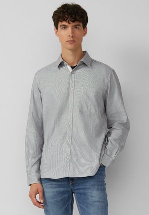 Light gray long-sleeve button-up shirt with a subtle check pattern, front pocket, and a collared neckline, made from woven fabric.