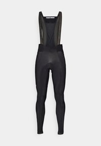 Schwarze Fahrrad-Bib-Shorts mit Netzrücken, gepolstertem Sitzbereich und ergonomischem Design. Mit einem Logo nahe dem Oberschenkel und glatter Textur.