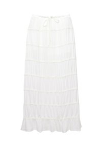 Jupe maxi blanche à étages en tissu doux. Dotée d'une taille à cordon de serrage et d'accents de volants horizontaux pour une texture supplémentaire.