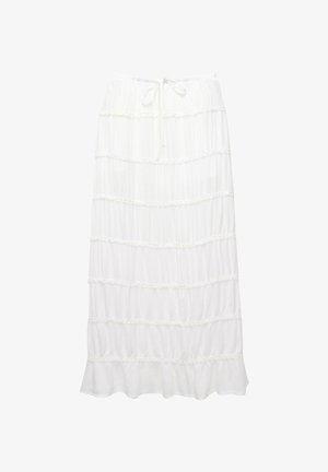 White, tiered maxi skirt made of soft fabric. Features a drawstring waist and horizontal ruffle accents for added texture.