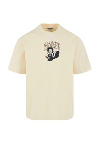 Cremefarvet kortærmet t-shirt med et sort tegneserie-skunke-graphic, der holder en pretzel, og ordet "MARKET" i stiliseret skrift ovenfor.