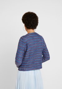 Niebiesko-czerwona kurtka w paski z okrągłym dekoltem, teksturowanym materiałem i długimi rękawami, noszona na lekkiej plisowanej spódnicy.