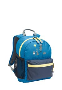 Sac à dos pour enfants bleu avec des accents de fermeture éclair jaunes, présentant des illustrations d'animaux sur le devant. Comprend une poche latérale en maille et des sangles grises.