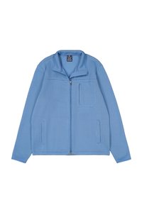 Giacca in fleece azzurro chiaro con zip frontale, colletto alto e due tasche laterali. Presenta un tessuto testurizzato e una piccola tasca sul petto.