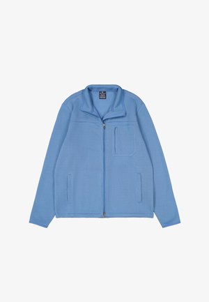 Svijetloplavi flis jakna s patentnim zatvaračem sprijeda, visokim ovratnikom i dva bočna džepa. Ima teksturiranu tkaninu i mali džep na prsima.