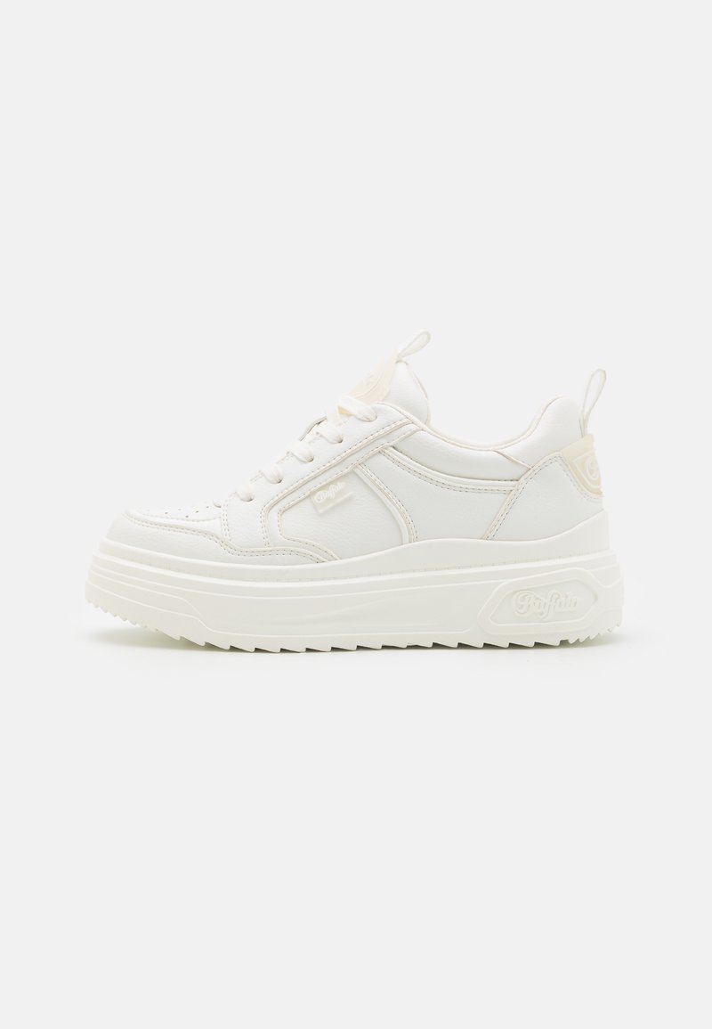 White leather sneakers with a chunky sole, lace-up design, and subtle branding. Features a smooth texture and rounded toe.