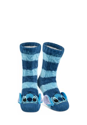 Disney-themed socks featuring a blue knitted design with light blue stripes and textured patterns; includes Stitch character accents on the toes.