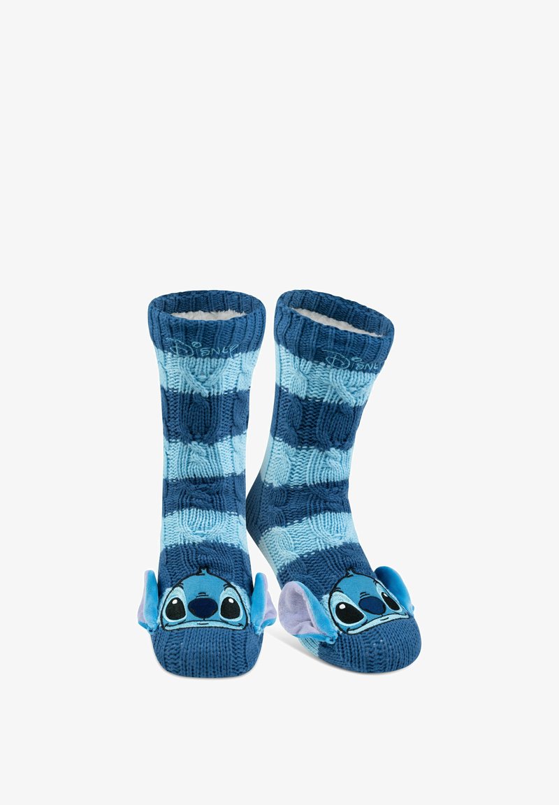 Disney-themed socks featuring a blue knitted design with light blue stripes and textured patterns; includes Stitch character accents on the toes.